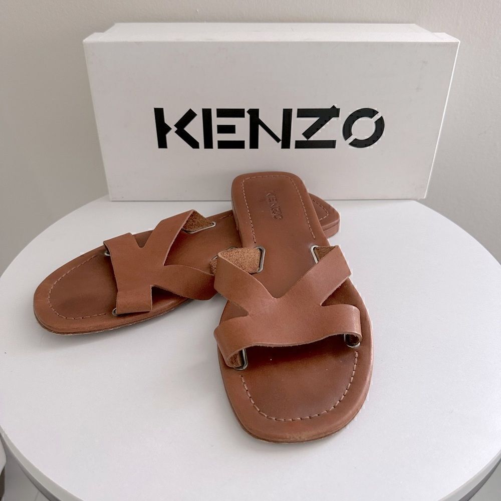 ⭕️ KENZO Women’s OPANKA FLAT MULE Slippers Sandals Brown Size 39 Leather